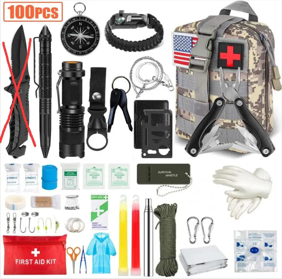 Survival Gear Kit 100 In 1 Emergency EDC Survival Tools SOS First Aid Equipment Hunting Tool with Molle Pouch for Camping Hiking