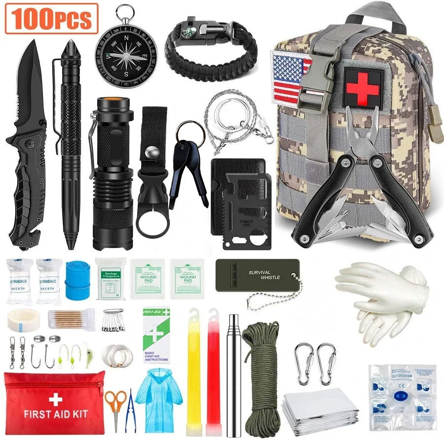 Survival Gear Kit 100 In 1 Emergency EDC Survival Tools SOS First Aid Equipment Hunting Tool with Molle Pouch for Camping Hiking