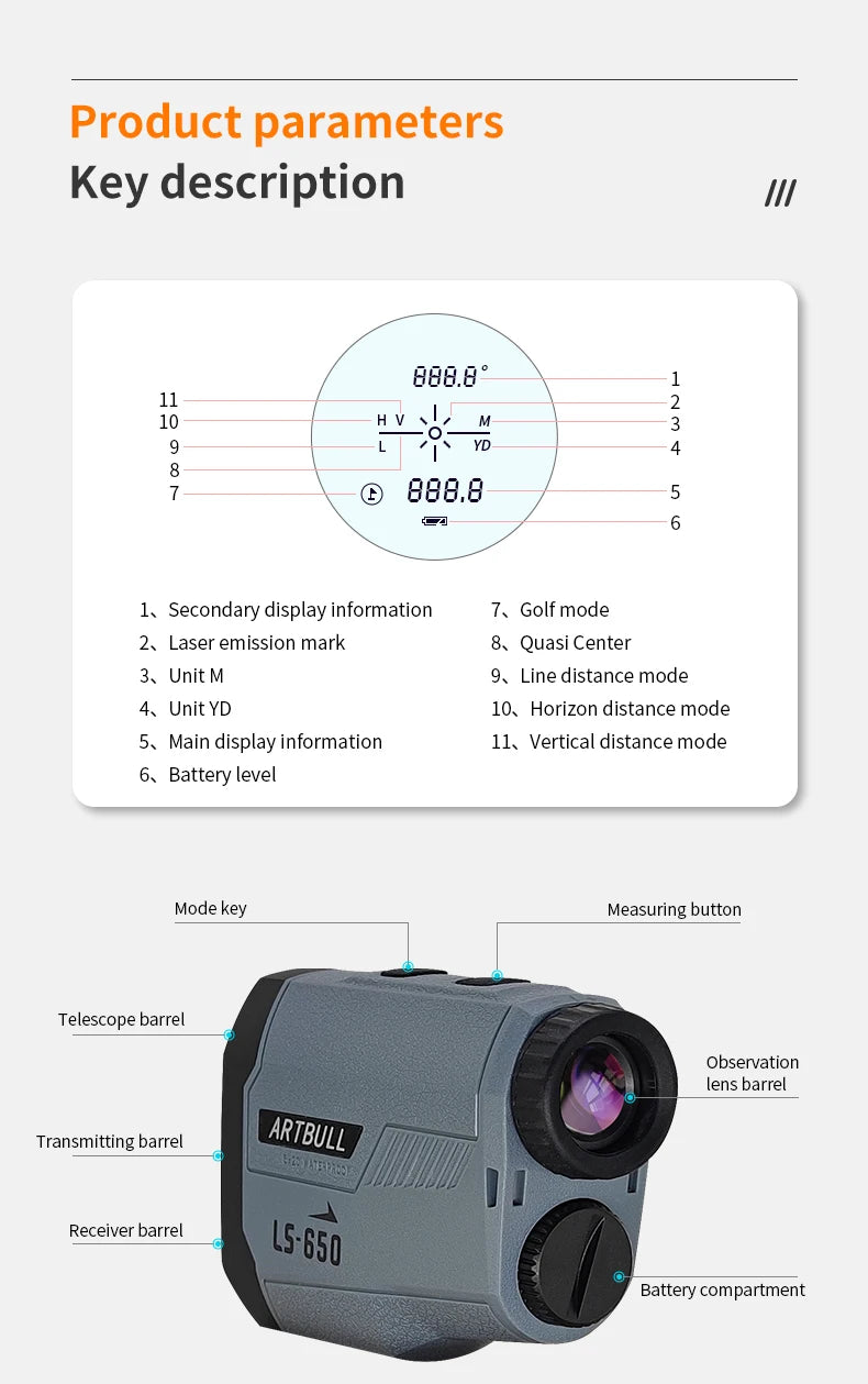 ARTBULL Golf Laser Rangefinder 1000M 650M Telescope with Flag-Lock Slope Pin Distance Meter for Hunting Monocular