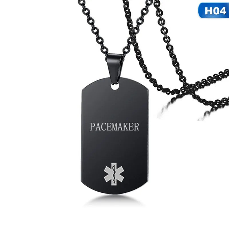 Black Dog Tag Pendant Medical Alert ID Necklace for Men Woman Stainless Steel Emergency SOS Diabetic Jewelry 24Inch