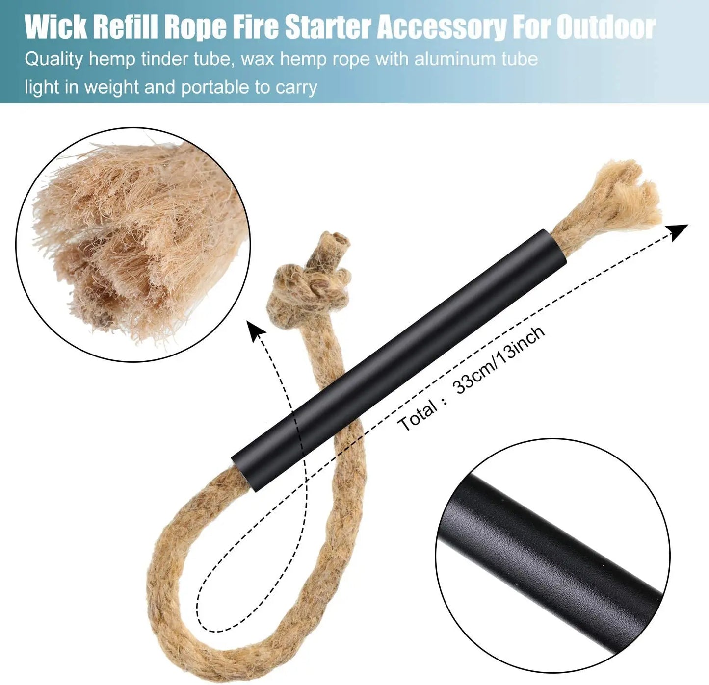 6 Pieces Jute Tinder Tube Waterproof Wax Wick Fire Starter Accessory with Aluminum Sleeve for Outdoor Camping Hiking Trekking