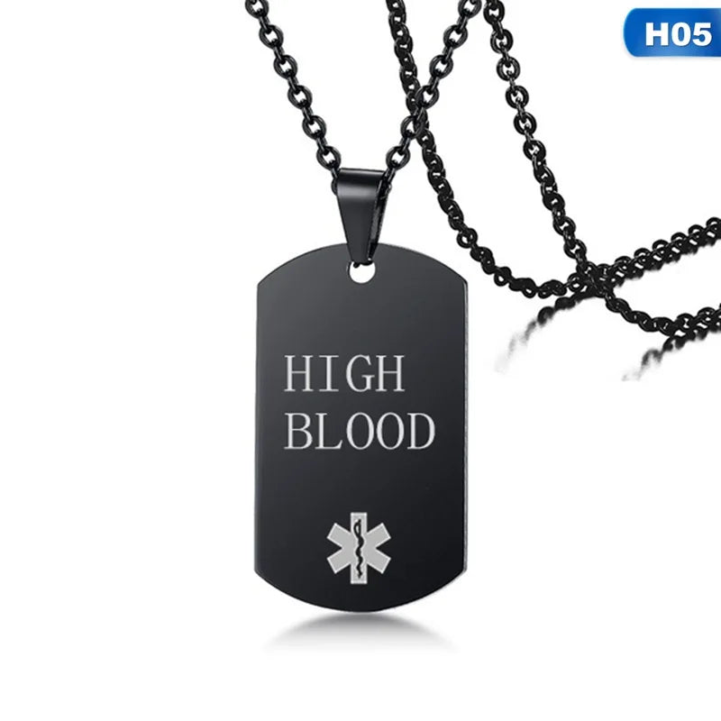 Black Dog Tag Pendant Medical Alert ID Necklace for Men Woman Stainless Steel Emergency SOS Diabetic Jewelry 24Inch