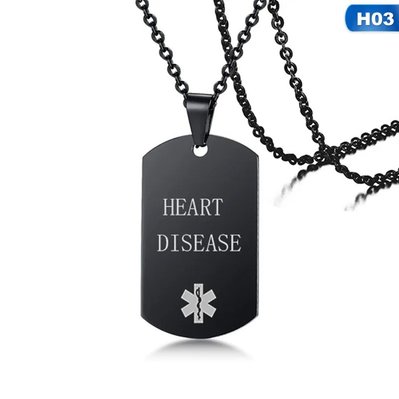 Black Dog Tag Pendant Medical Alert ID Necklace for Men Woman Stainless Steel Emergency SOS Diabetic Jewelry 24Inch