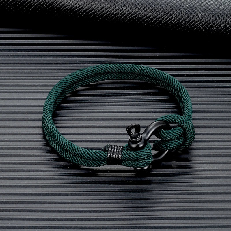 MKENDN Men Women Navy Blue Marine Sailor Rope Nautical Survival Shackle Bracelet Black Stainless Steel Wrap Metal Sport Hooks