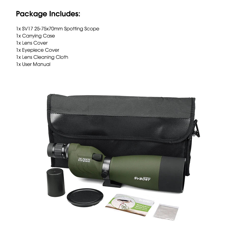 SVBONY F9326A/G 25-75x70 Spotting Scope Zoom Telescope Spyglass Waterproof Powerful Monocular Binoculars Monoculars for Construc