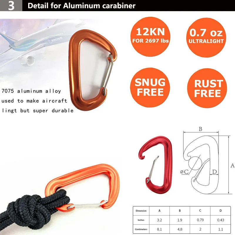 7075 Aluminum Hammock Carabiner Survial Key Chain Carabine Hook Clip Camping Equipment Paracord Buckles for Outdoor Camping