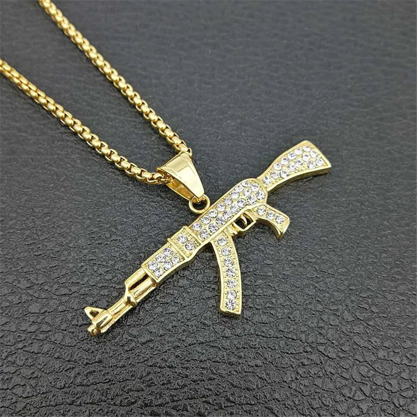 Hip Hop Iced Out Rhinestones AK47 Gun Pendant With 4Size Chain Stainless Steel Gold Color Military Necklace Men Women Jewelry