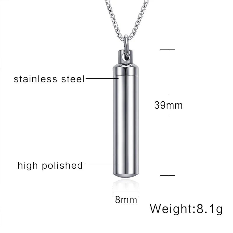 Men Woman Capsule Pendant Necklace in Open Cylindrical Pendants Stainless Steel Remembrance Jewelry Pill Filler Kit with funnel