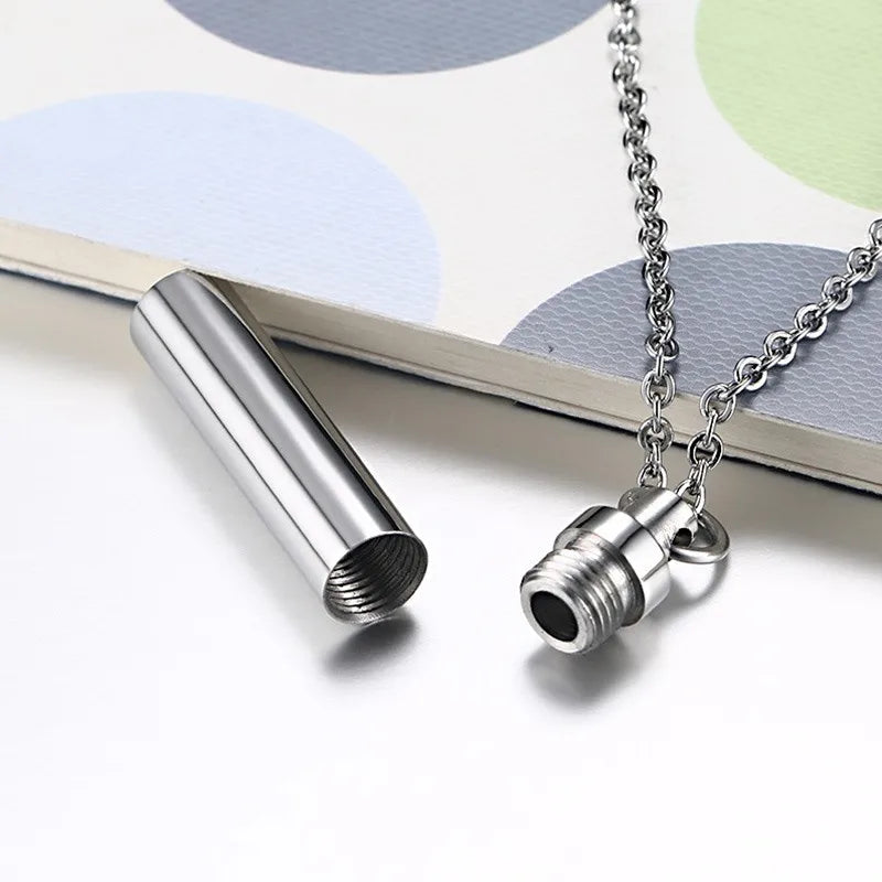 Men Woman Capsule Pendant Necklace in Open Cylindrical Pendants Stainless Steel Remembrance Jewelry Pill Filler Kit with funnel