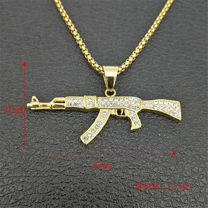 Hip Hop Iced Out Rhinestones AK47 Gun Pendant With 4Size Chain Stainless Steel Gold Color Military Necklace Men Women Jewelry