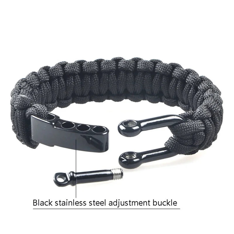 Outdoor Camping Paracord Survival Braided Rope Bracelet Men Black Stainless Steel Adjustable Clasp Pulsera Hombre