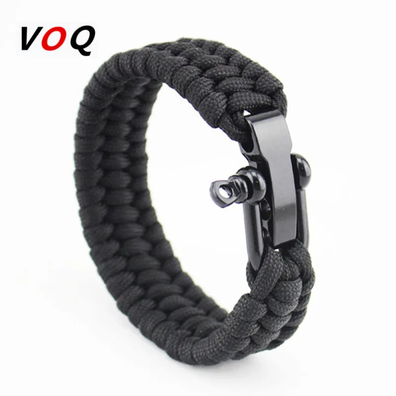 Outdoor Camping Paracord Survival Braided Rope Bracelet Men Black Stainless Steel Adjustable Clasp Pulsera Hombre