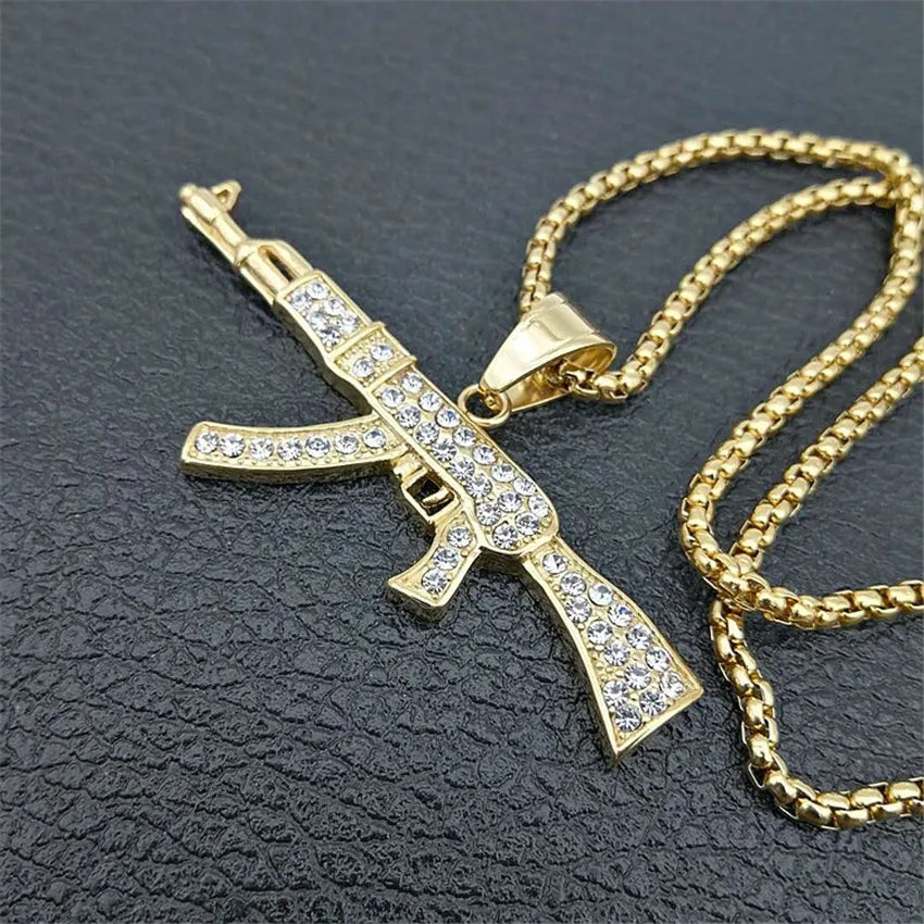 Hip Hop Iced Out Rhinestones AK47 Gun Pendant With 4Size Chain Stainless Steel Gold Color Military Necklace Men Women Jewelry