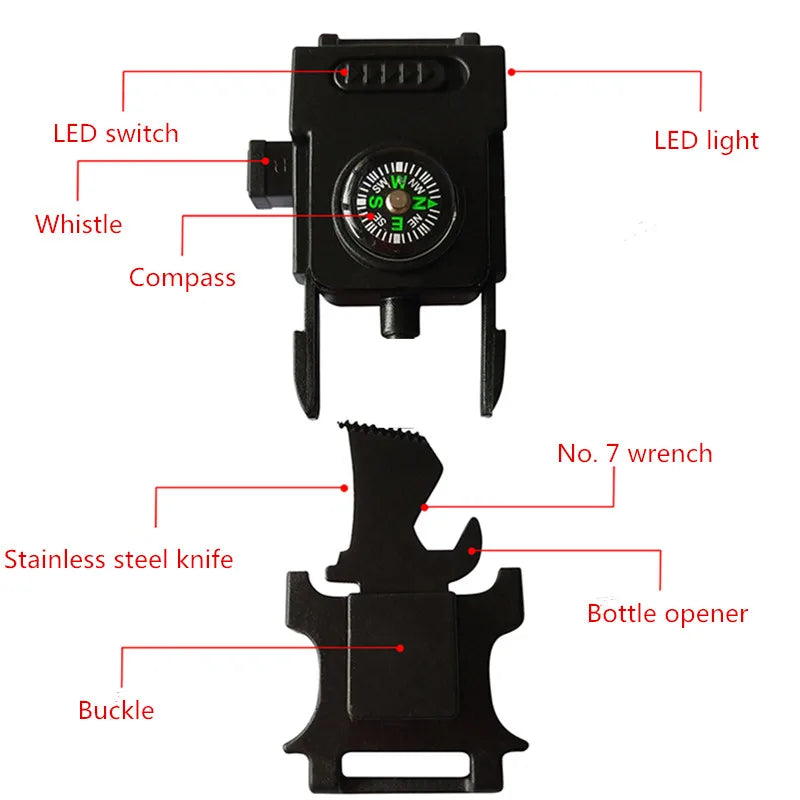 Survive Bracelet Survival Whistle Buckle Multifunction Paracord Bracelet buckle with LED Light For Camping Hiking EDC Tools