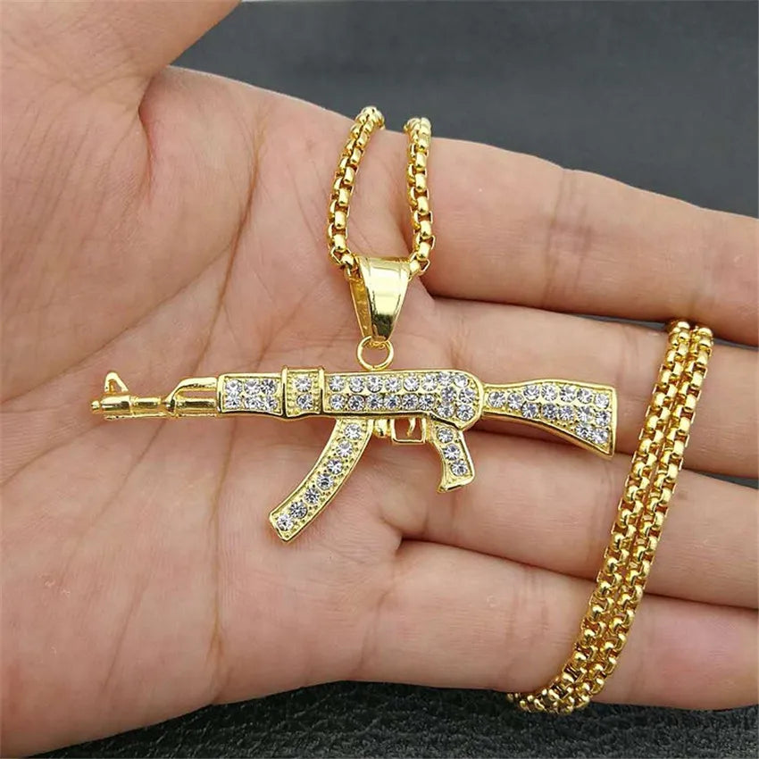 Hip Hop Iced Out Rhinestones AK47 Gun Pendant With 4Size Chain Stainless Steel Gold Color Military Necklace Men Women Jewelry