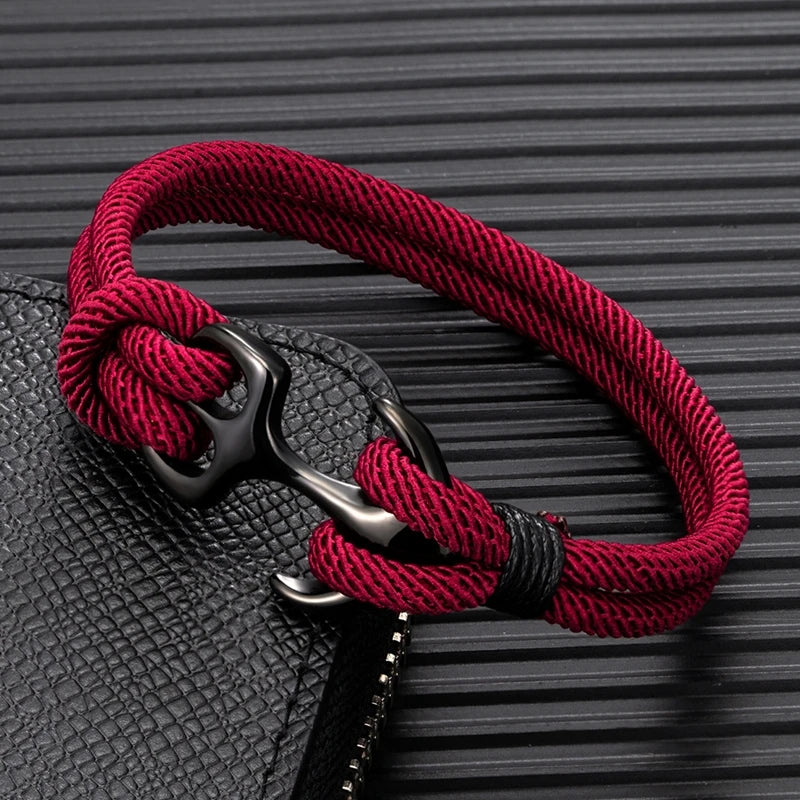 MKENDN Anchor Bracelets Men Double strand Nautical Survival Rope Paracord Bracelet Women Black Stainless Steel Sport Buckle