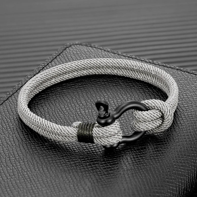 MKENDN Men Women Navy Blue Marine Sailor Rope Nautical Survival Shackle Bracelet Black Stainless Steel Wrap Metal Sport Hooks