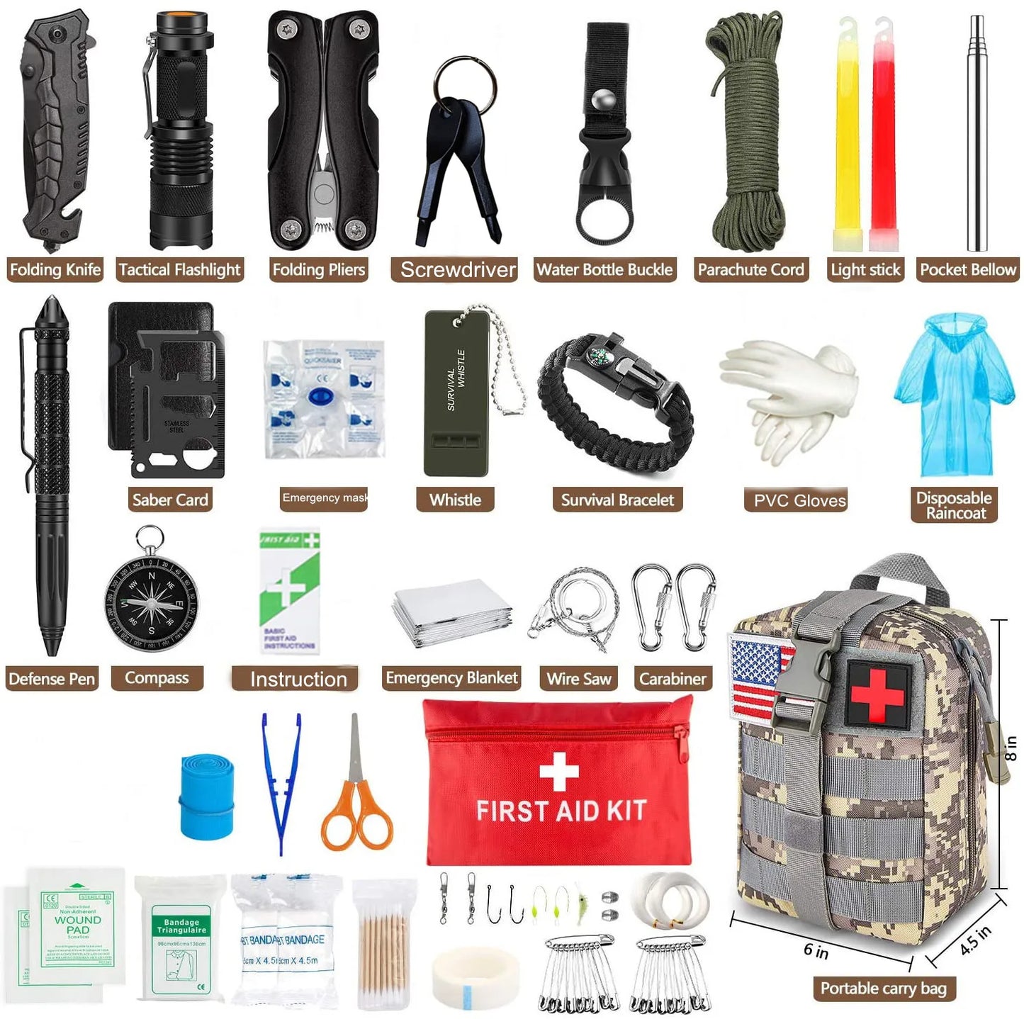 Survival Gear Kit 100 In 1 Emergency EDC Survival Tools SOS First Aid Equipment Hunting Tool with Molle Pouch for Camping Hiking