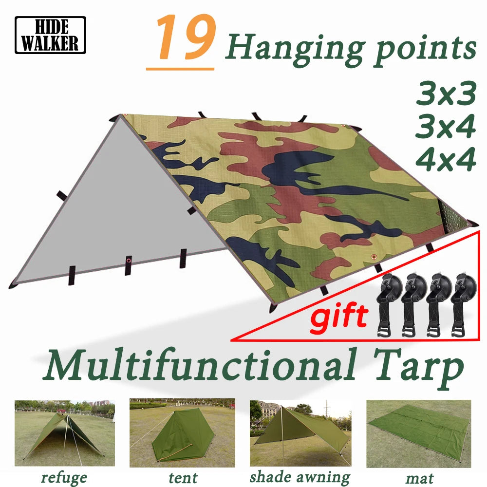 19 Hanging Points Camping Tarp Set 3x3 4x4 Waterproof Outdoor Sun Shelter Backpacking Hiking Black Car Side Awning Camo Tarp 3x4