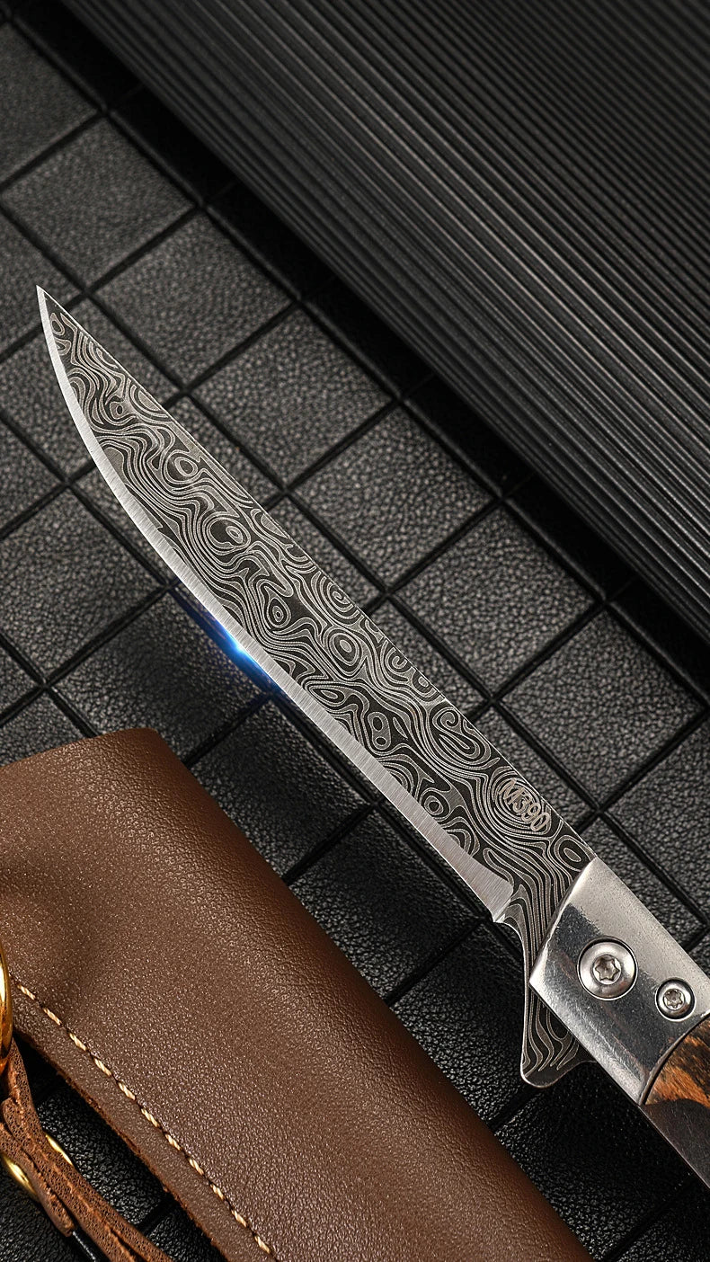 Damascus Pattern Folding Knife Multi-Purpose Outdoor Camping Quick Open Pocket Knife Stainless Steel Folding Knife