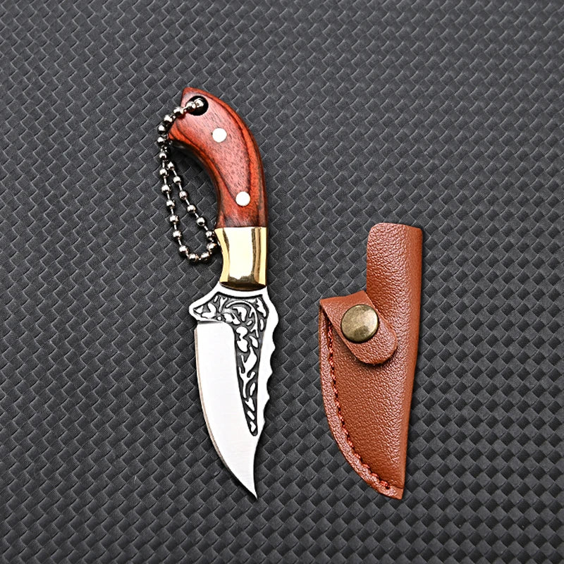 Portable Pocket Mini Stainless Steel Knife With Leather Cover Camping Keychain Package Opener Outdoor Hiking Survival Tools