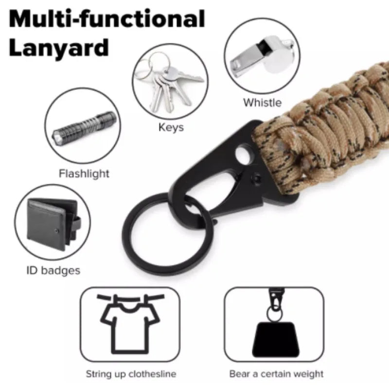 Multifunction Outdoor Paracord Hanging Rope Necklace Eagle Beak Buckle Keychain with Flag for Hanging Key Camera Wallet Whistle