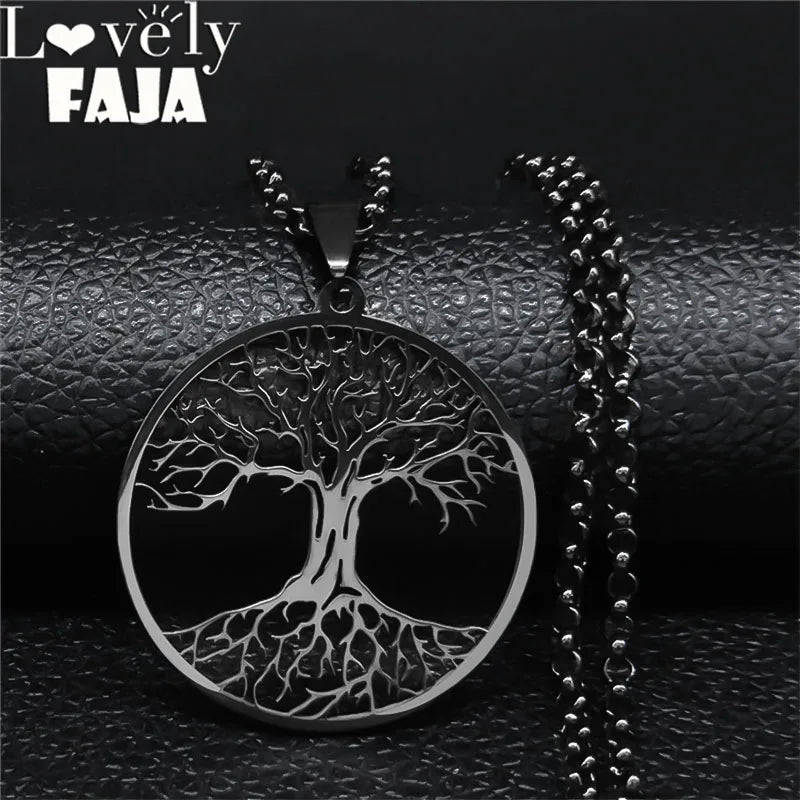 2024 Tree of Life Stainless Steel Long Necklace for Men Black Color Necklaces & Pendants Jewelry cadenas para hombre N834S03