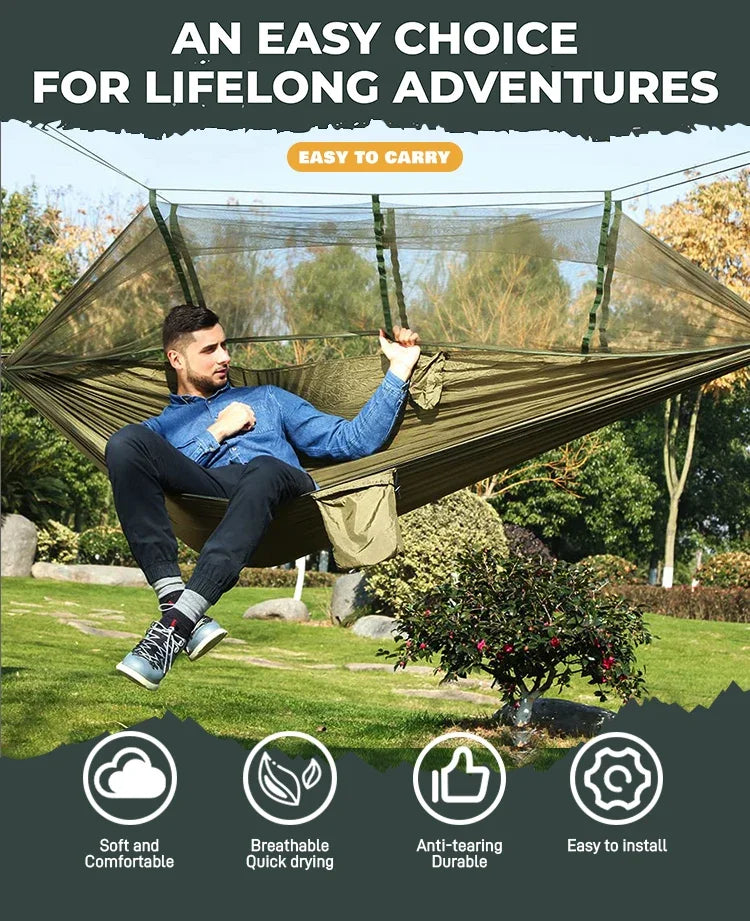 260x140cm Outdoor Double Camping Hammock with Mosquito Net and Rain Fly Tarp Lightweight Parachute Hammocks for Travel Hiking