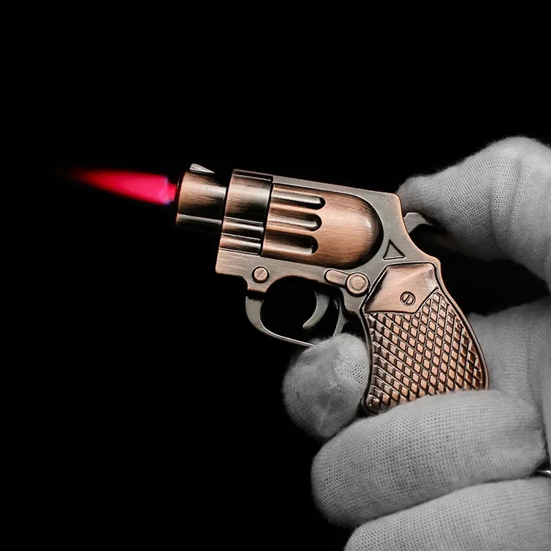 Cool Mini Pistol Lighter Revolver Gas Inflatable Jet Flame Windproof Lighters Metal Keychain Pendant Lighter Gun Cigarrette Gift