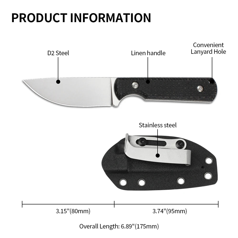 Camping Straight Knives D2 Steel Linen Handle Hunting Knives with K Sheath Case Outdoor Bushcraft Survival Combat Knife EDC Tool