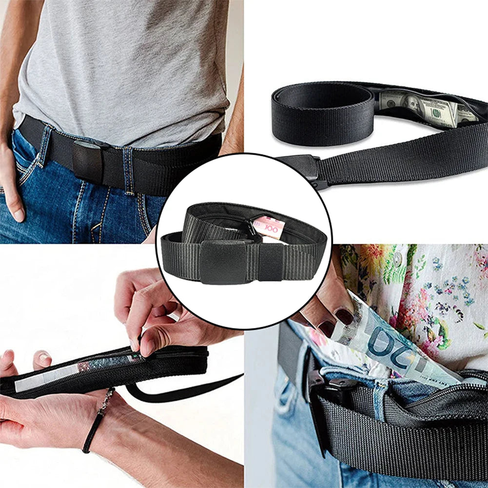 Travel Cash Anti Theft Belt,Outdoor Safety Hidding Money Pants Belt with Zipper for Men Male Use,Nylon Secret Pocket Waist Strap