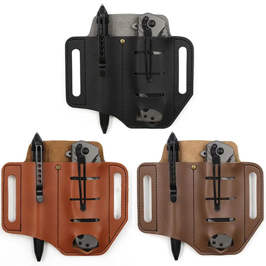 Outdoor Equipment Leather Sheath Holder Pocket Hunt Camp Outdoor Carry Belt Loop Case Flashlight Case Fold Knife Tool