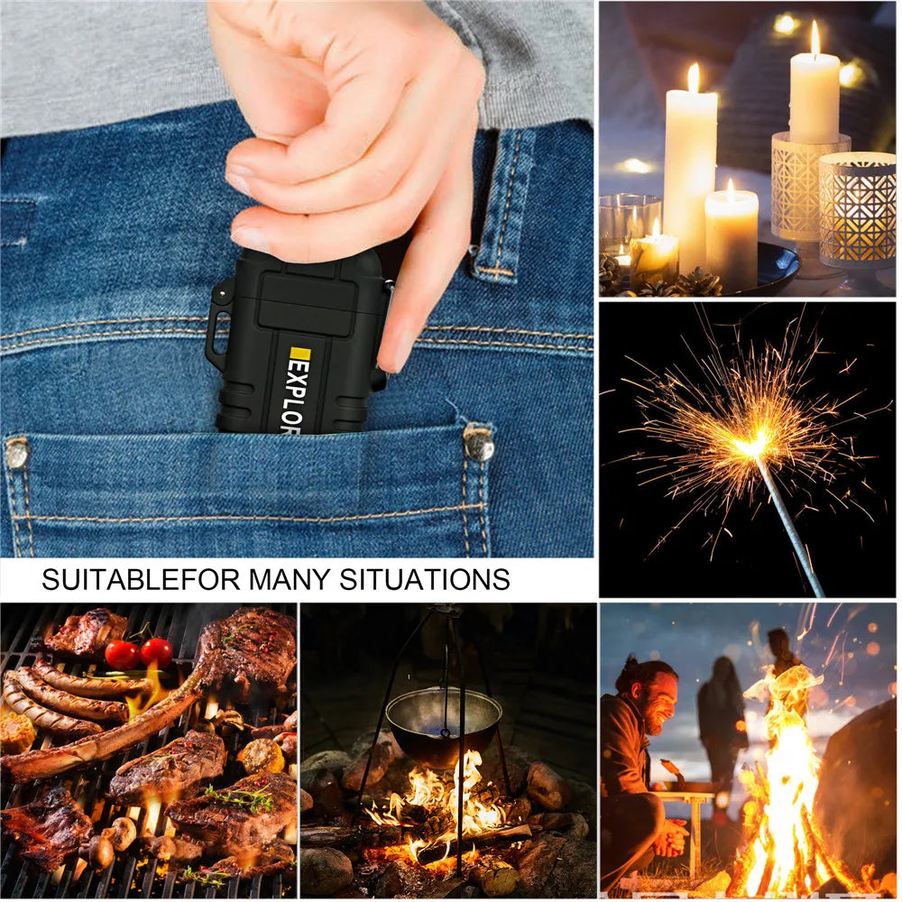 Outdoor Camping Portable Waterproof Double Arc Electric USB Lighter Windproof Plasma Pulse Flameless Lighter Survival Tool