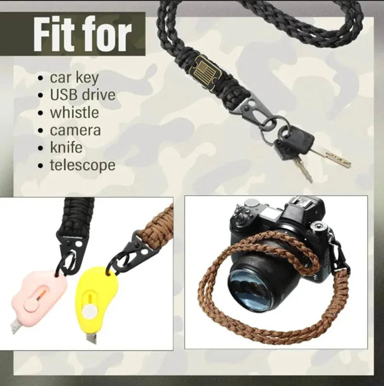 Multifunction Outdoor Paracord Hanging Rope Necklace Eagle Beak Buckle Keychain with Flag for Hanging Key Camera Wallet Whistle