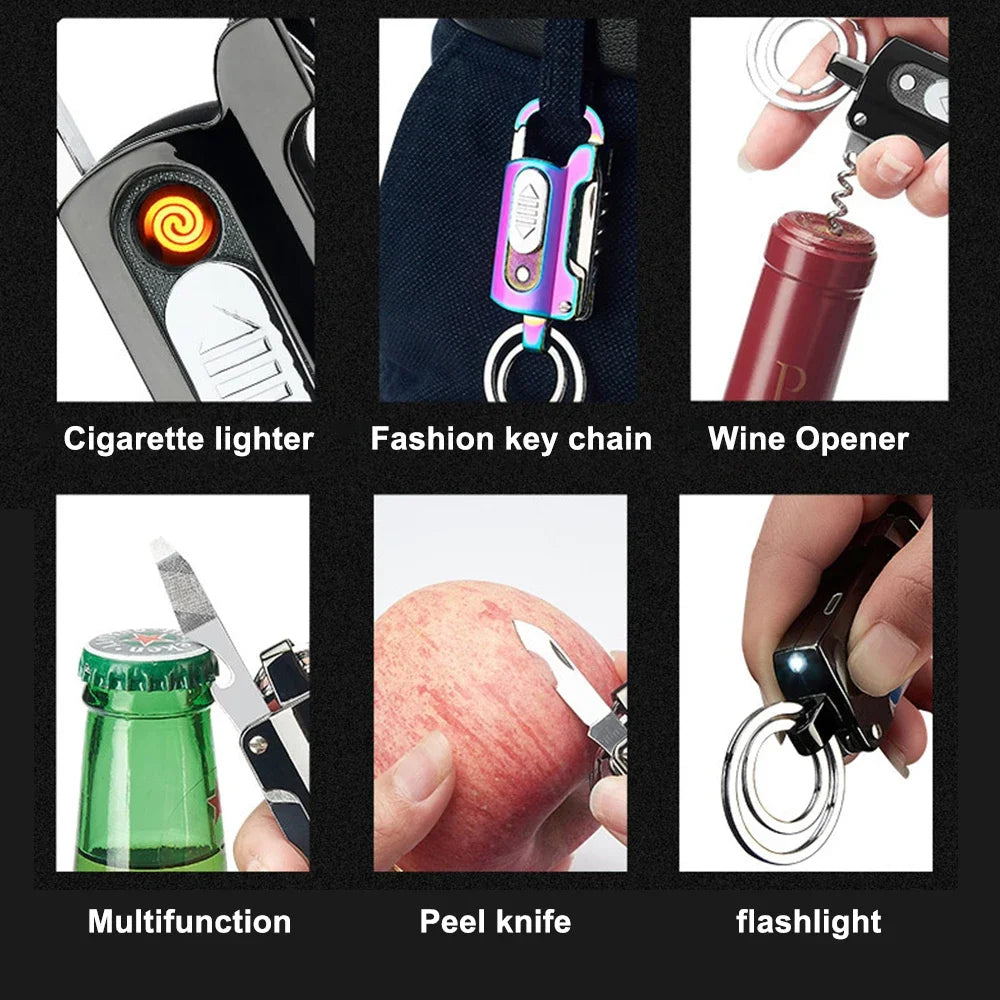 Multifunctional Electronic Lighter Keychain, Wine Opener, Knife Flashlight, Slotted Screwdriver, Metal Windproof Lighter, Gadget