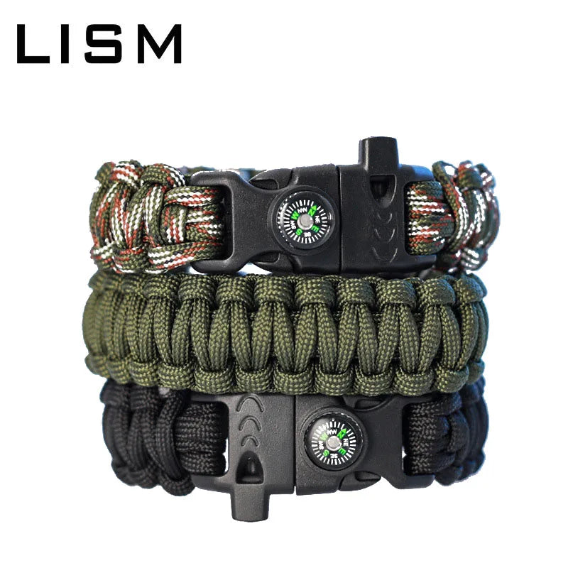 Multifunction Paracord Survival Bracelet Outdoor Travel Camping Hiking Emergency Braided Rope Chain with Whistle and Compass