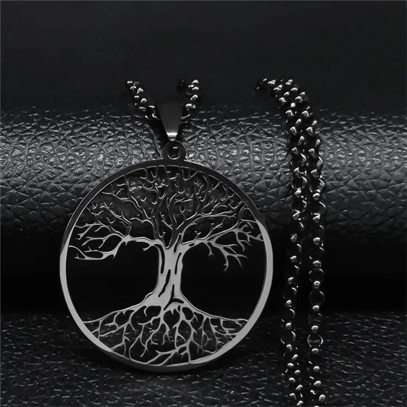 2024 Tree of Life Stainless Steel Long Necklace for Men Black Color Necklaces & Pendants Jewelry cadenas para hombre N834S03