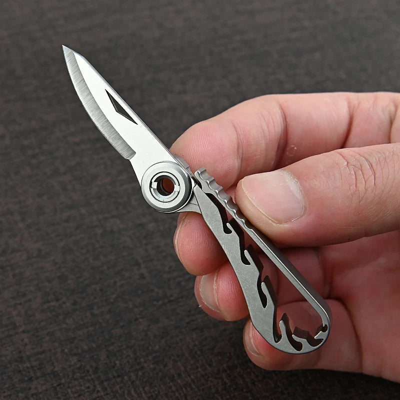 1pc Titanium Alloy Mini Pocket Knife Folding Unpacking Express Outdoor Survival Tools Portable D Ring Keychain Brass Knife