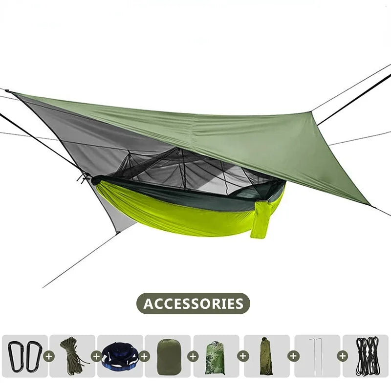 260x140cm Outdoor Double Camping Hammock with Mosquito Net and Rain Fly Tarp Lightweight Parachute Hammocks for Travel Hiking