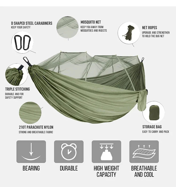 260x140cm Outdoor Double Camping Hammock with Mosquito Net and Rain Fly Tarp Lightweight Parachute Hammocks for Travel Hiking