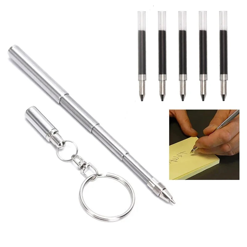 Portable Mini Key Ring Stainless Steel Telescopic Pen Telescoping Ballpoint Pens Keychain Tool Outdoor Sports Camping Supplies