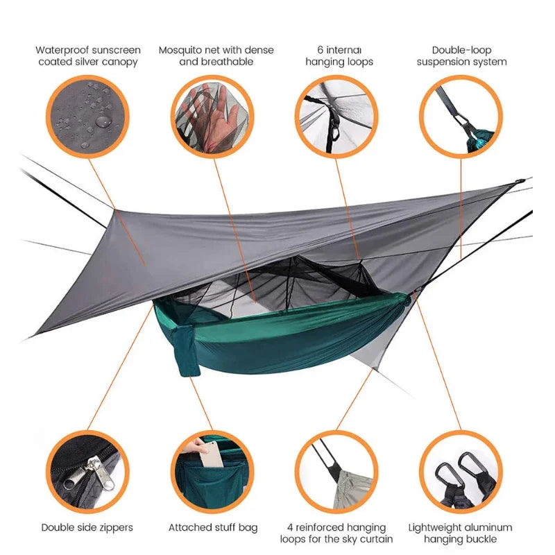 260x140cm Outdoor Double Camping Hammock with Mosquito Net and Rain Fly Tarp Lightweight Parachute Hammocks for Travel Hiking