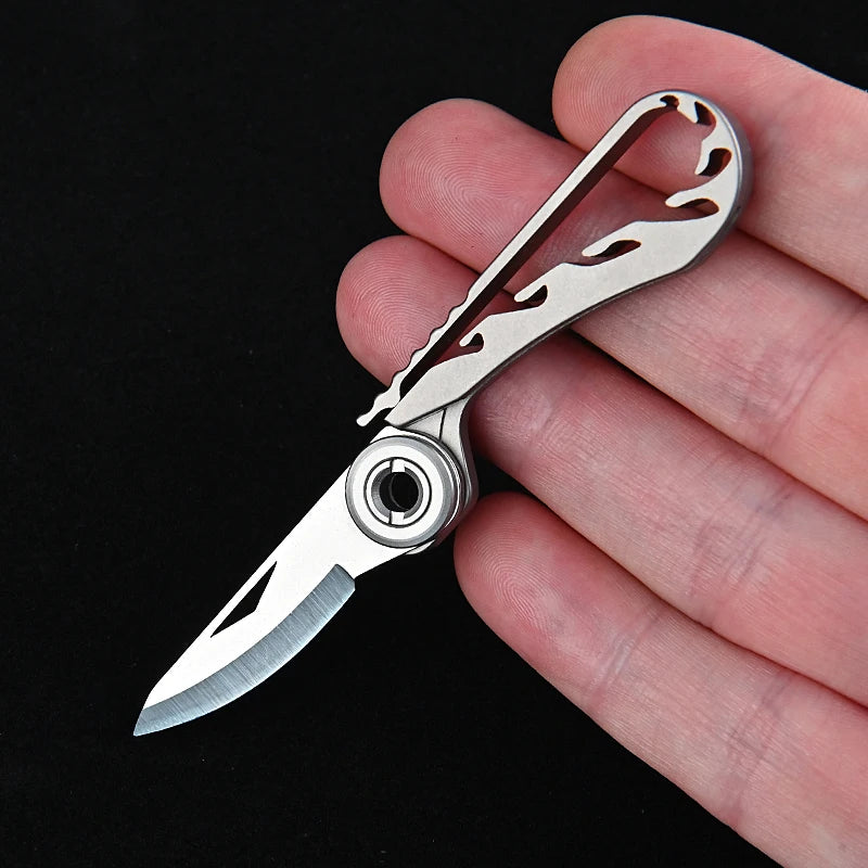 1pc Titanium Alloy Mini Pocket Knife Folding Unpacking Express Outdoor Survival Tools Portable D Ring Keychain Brass Knife