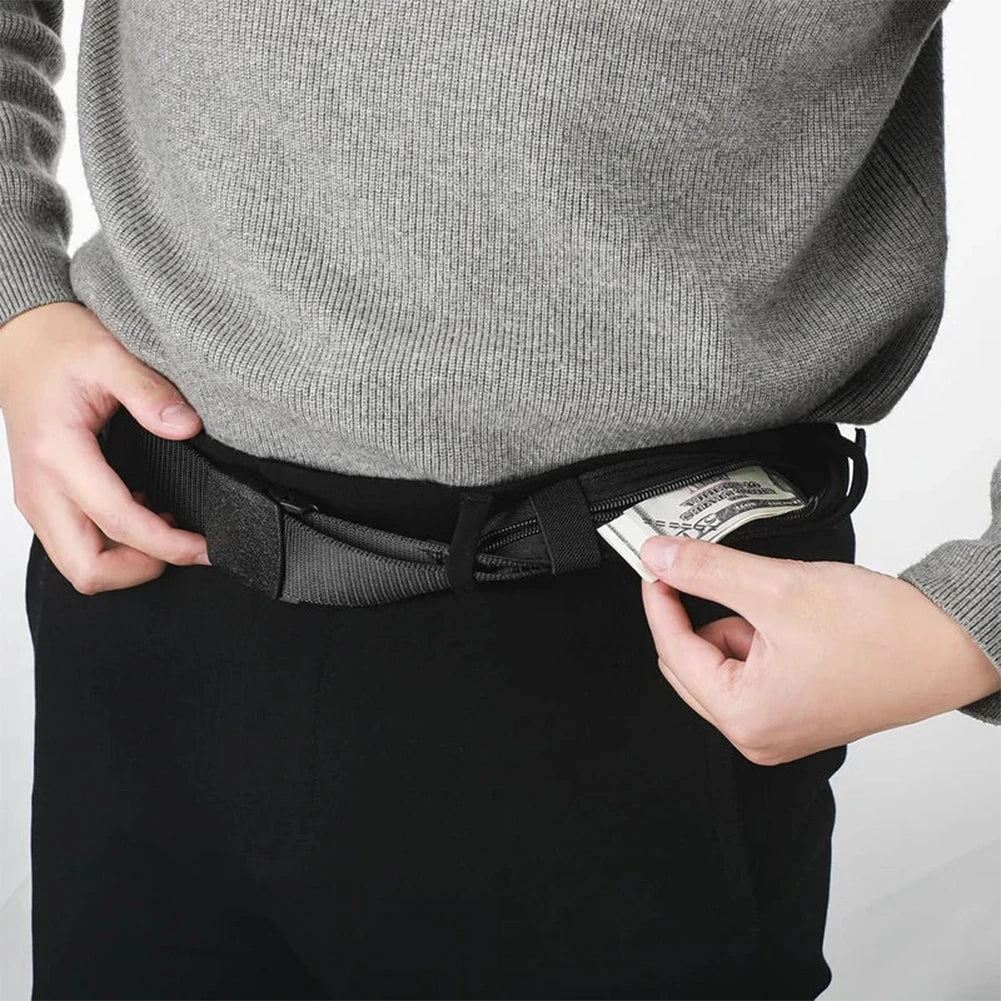 Travel Cash Anti Theft Belt,Outdoor Safety Hidding Money Pants Belt with Zipper for Men Male Use,Nylon Secret Pocket Waist Strap