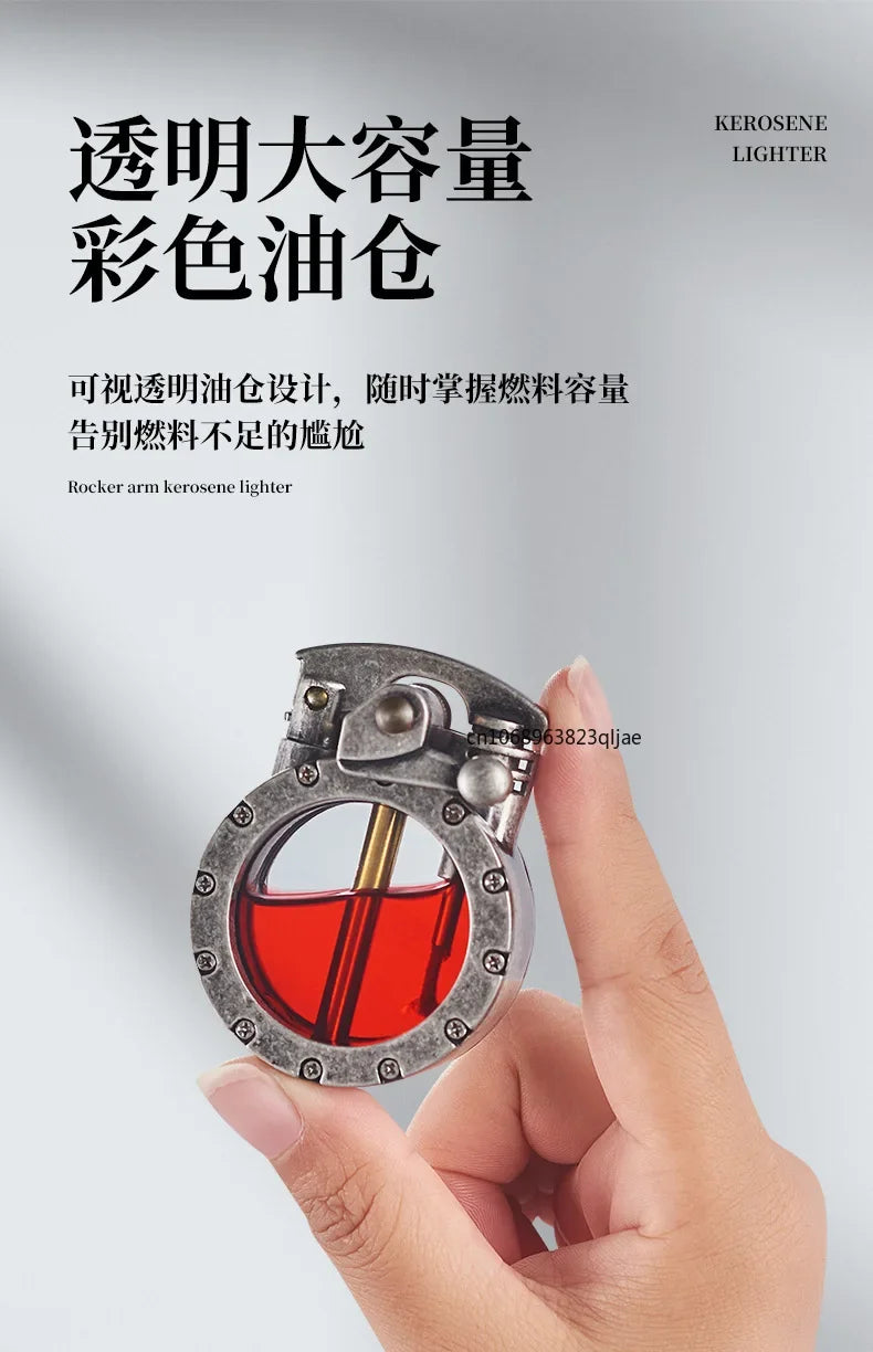 NEW Metal Rocker Arm Kerosene Lighter Creative Personality Round Transparent Oil Tank Open Fire Lighter Men's Small Tools