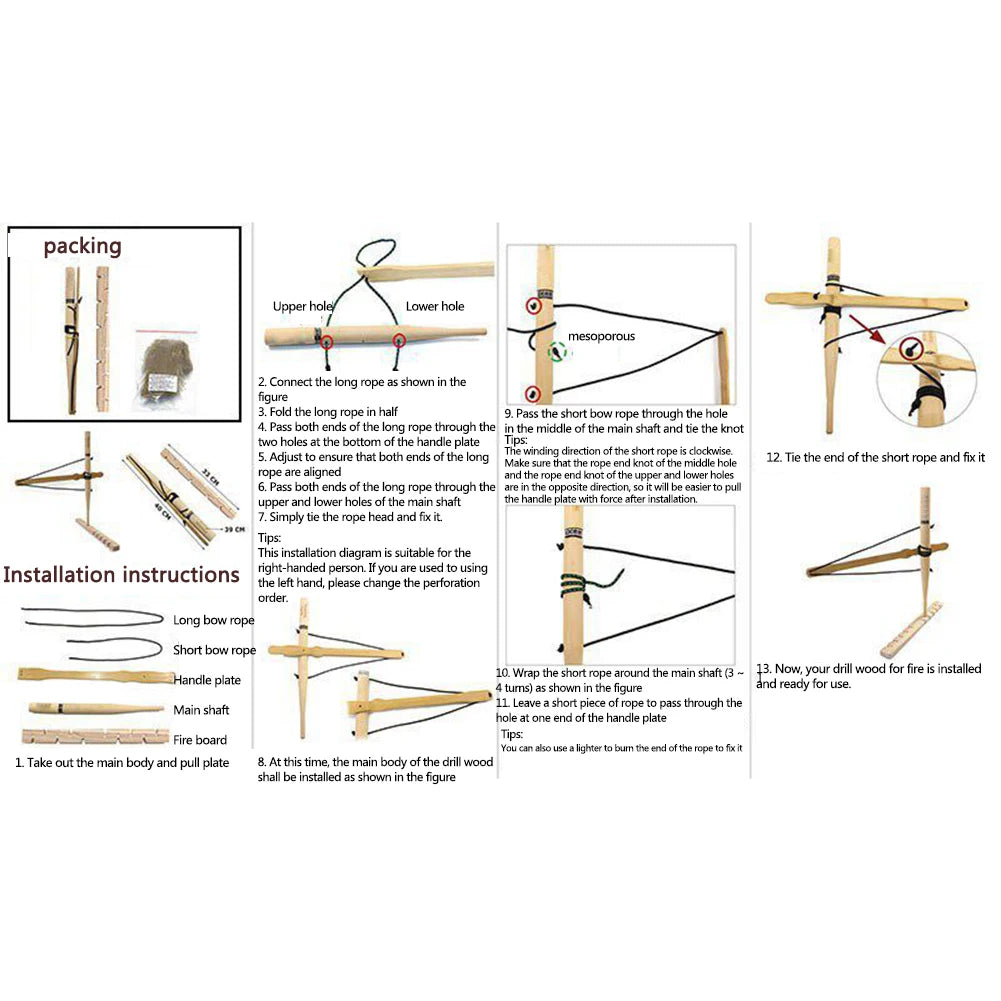 Primitive Fire Bow Drill Kit Wood Drilling Fire Making Tool Camping Lighter Fire Starter for Fishing Picnic Hunting