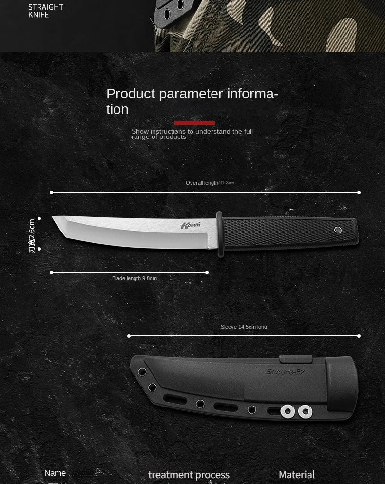 1PC stainless steel tactical straight knife, portable outdoor camping knife with K sheath, self-defense survival knife