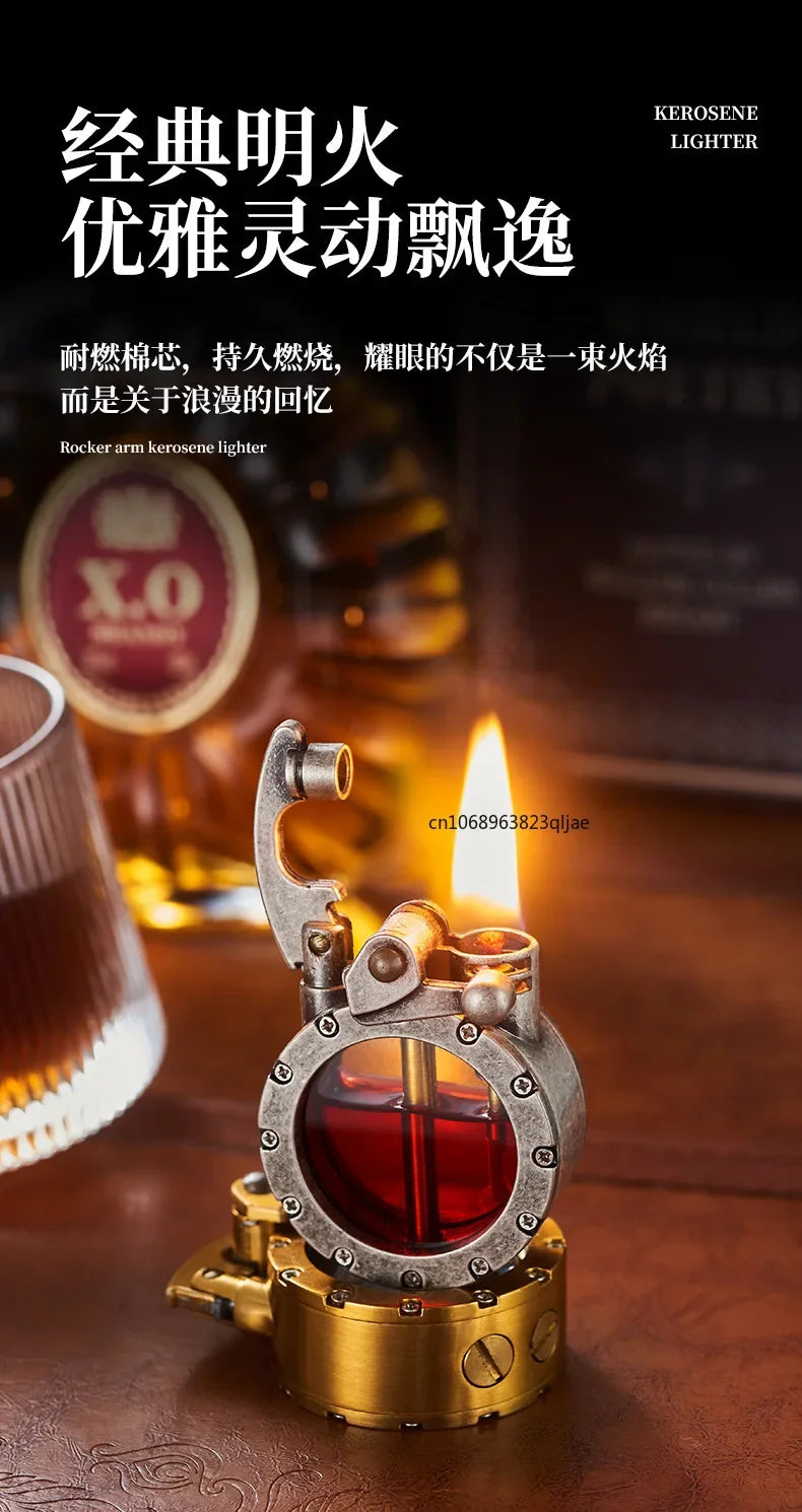 NEW Metal Rocker Arm Kerosene Lighter Creative Personality Round Transparent Oil Tank Open Fire Lighter Men's Small Tools