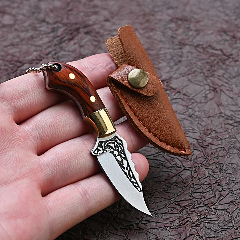 Portable Pocket Mini Stainless Steel Knife With Leather Cover Camping Keychain Package Opener Outdoor Hiking Survival Tools