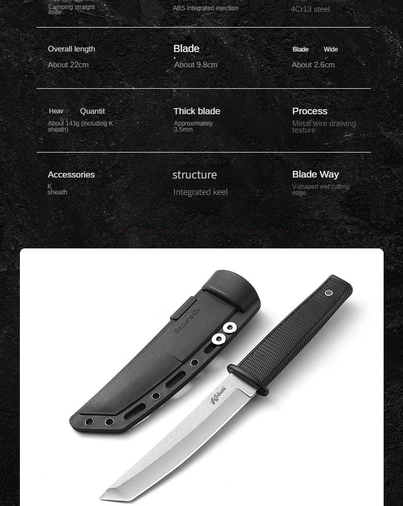 1PC stainless steel tactical straight knife, portable outdoor camping knife with K sheath, self-defense survival knife